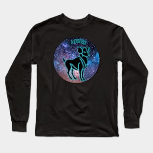 Aries Astrology Zodiac Sign - Aries Coffee Ram Astrology Birthday Gifts Ideas - Stars or Space with Black and Turquoise Long Sleeve T-Shirt